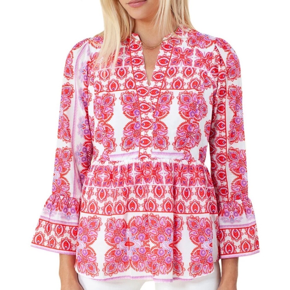 Hale Bob pink‎ white peasant boho top blouse NWOT sz S